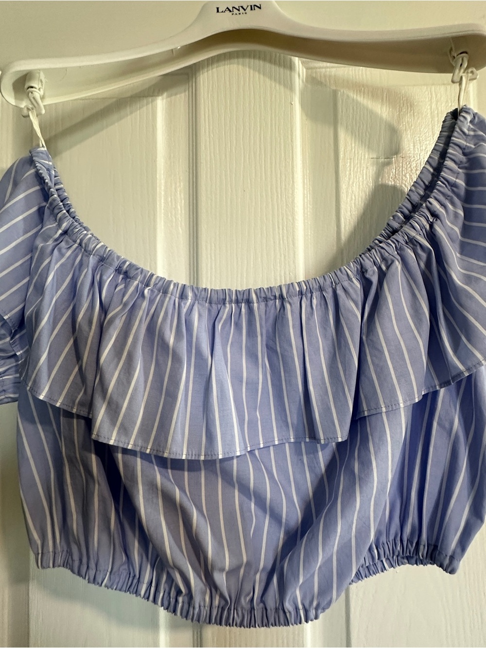 Miu Miu Light Blue & White Striped Off-Shoulder Ruffle Crop Top